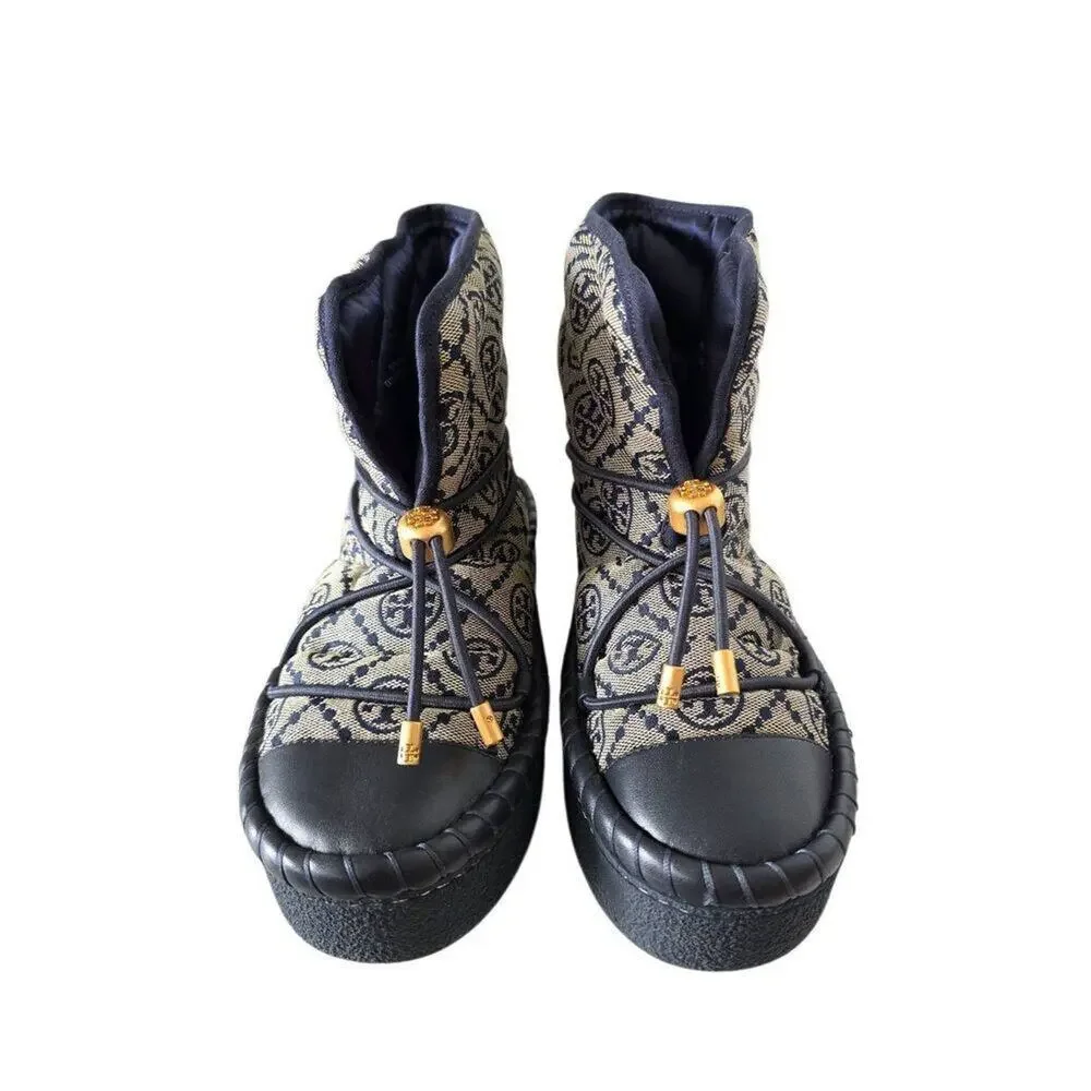Tory Burch T Monogram‎ Boot 5 Logo Navy Gold Platform Bootie Shearling Footbed